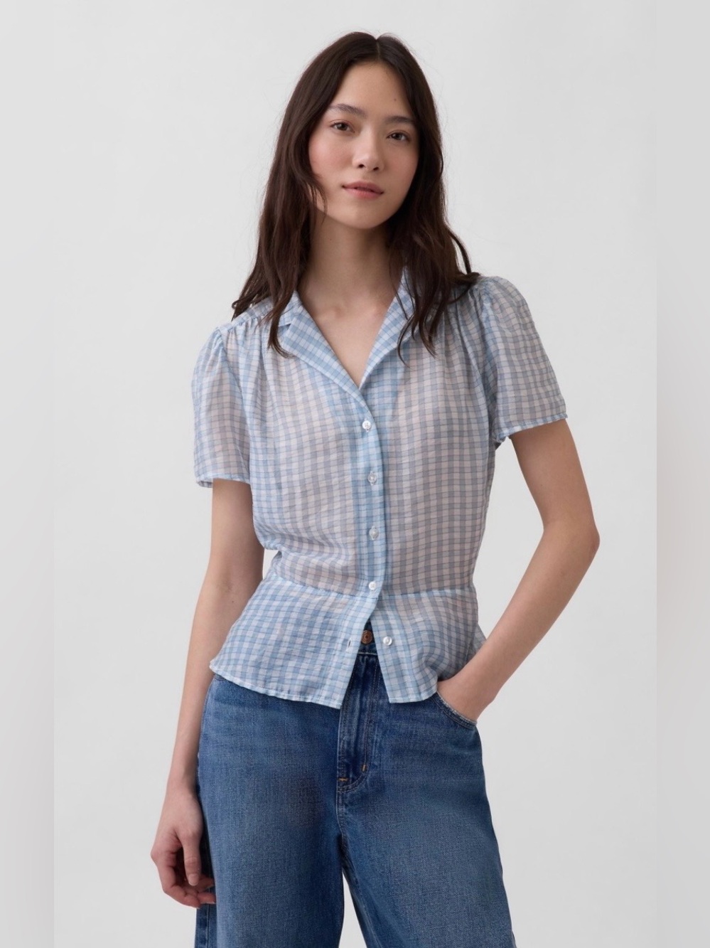 GAP sheer peplum button-front top, blue and white check, size L, NWT